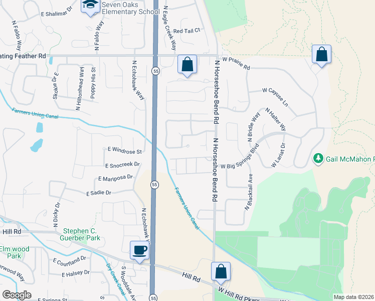 map of restaurants, bars, coffee shops, grocery stores, and more near 3064 East Shadowband Court in Eagle