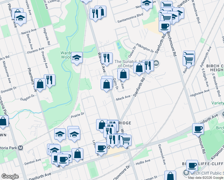 map of restaurants, bars, coffee shops, grocery stores, and more near 647C Warden Avenue in Toronto