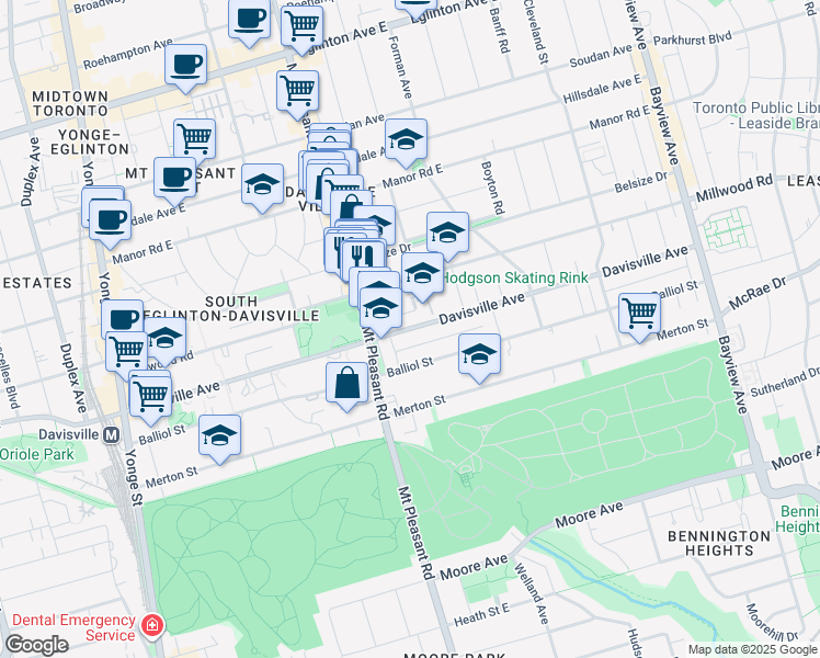 map of restaurants, bars, coffee shops, grocery stores, and more near Davisville Avenue in Toronto