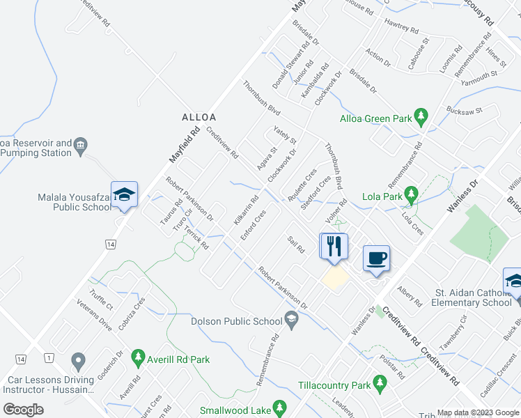 map of restaurants, bars, coffee shops, grocery stores, and more near 78 Enford Crescent in Brampton