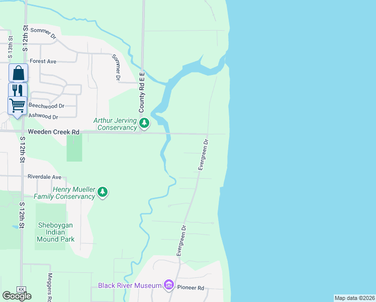 map of restaurants, bars, coffee shops, grocery stores, and more near 338 Birchwood Lane in Sheboygan