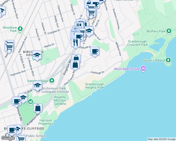map of restaurants, bars, coffee shops, grocery stores, and more near 28 Fishleigh Drive in Toronto