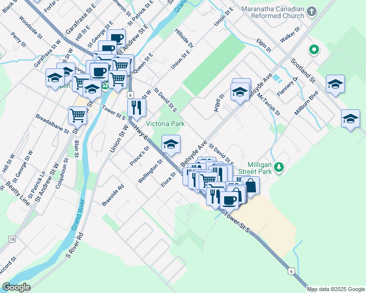 map of restaurants, bars, coffee shops, grocery stores, and more near 680 Tower Street South in Fergus