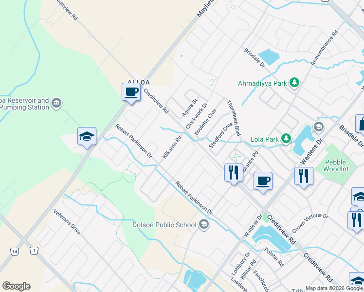 map of restaurants, bars, coffee shops, grocery stores, and more near 78 Enford Crescent in Brampton