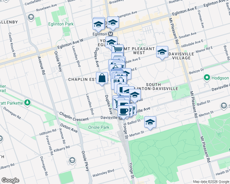 map of restaurants, bars, coffee shops, grocery stores, and more near 23 Glebe Road West in Toronto
