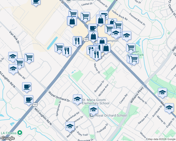 map of restaurants, bars, coffee shops, grocery stores, and more near 226 Ecclestone Drive in Brampton