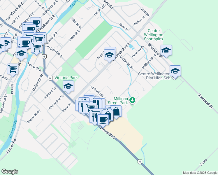 map of restaurants, bars, coffee shops, grocery stores, and more near 79 Cherry Hill Place in Fergus