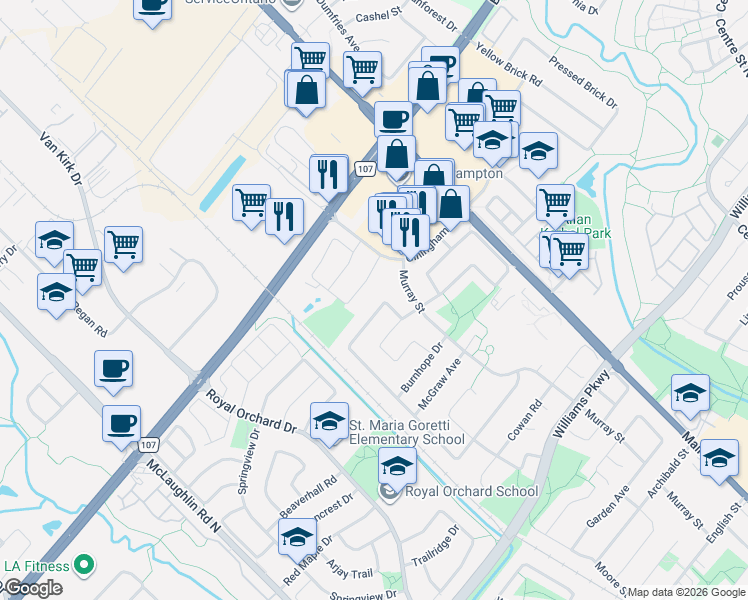 map of restaurants, bars, coffee shops, grocery stores, and more near 226 Ecclestone Drive in Brampton
