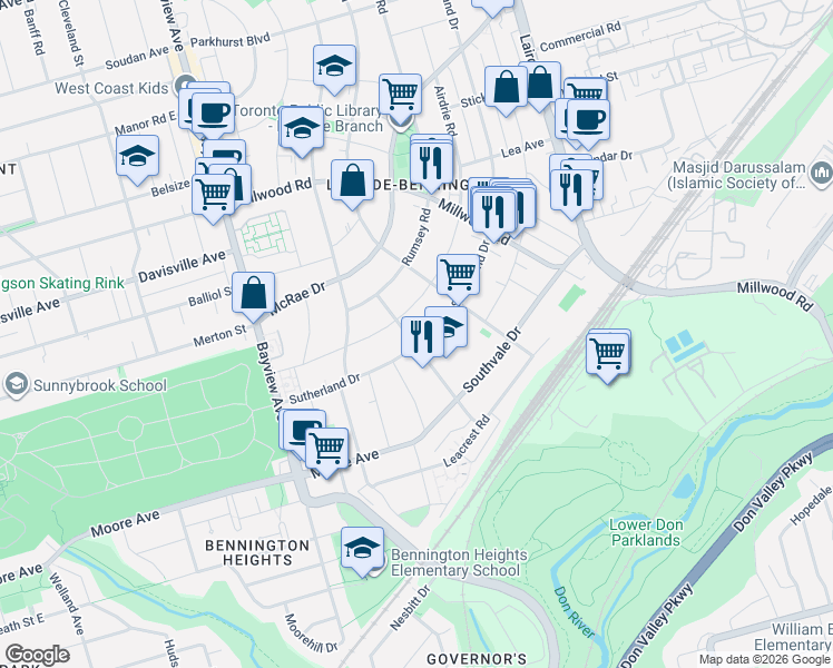 map of restaurants, bars, coffee shops, grocery stores, and more near 74 Sutherland Drive in Toronto