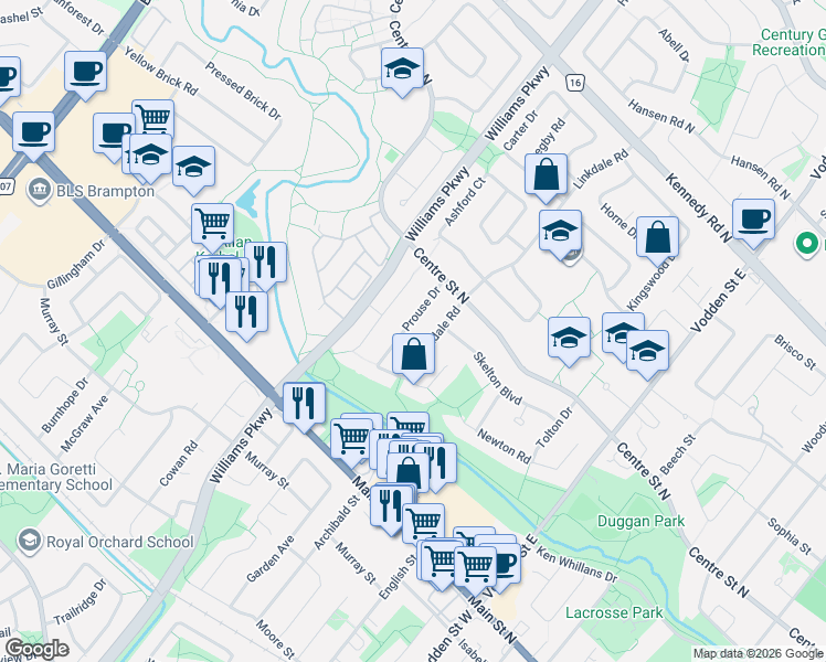 map of restaurants, bars, coffee shops, grocery stores, and more near 37 Prouse Drive in Brampton