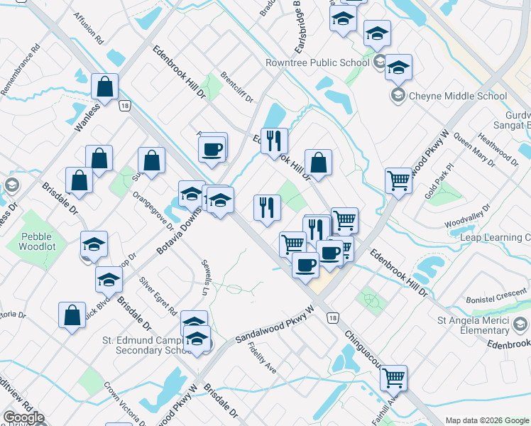 map of restaurants, bars, coffee shops, grocery stores, and more near 84 Tideland Drive in Brampton