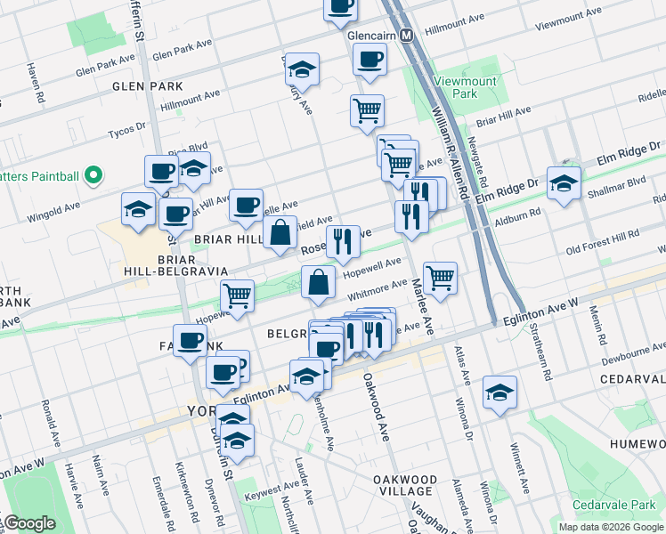 map of restaurants, bars, coffee shops, grocery stores, and more near 390 Hopewell Avenue in Toronto