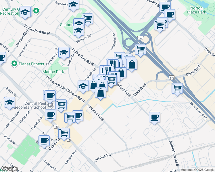 map of restaurants, bars, coffee shops, grocery stores, and more near 261 Queen Street East in Brampton