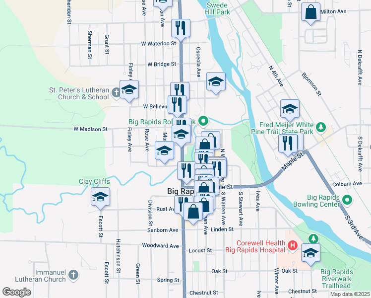 map of restaurants, bars, coffee shops, grocery stores, and more near 125 East Pine Street in Big Rapids