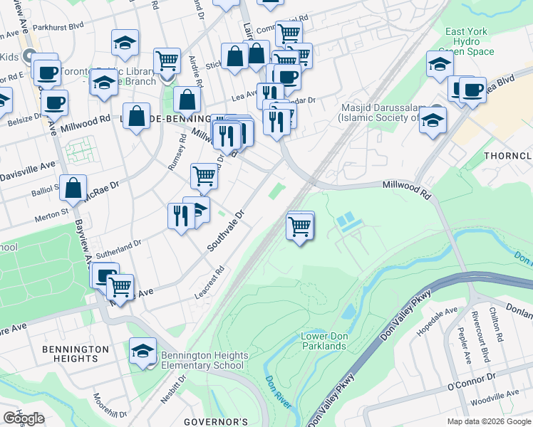 map of restaurants, bars, coffee shops, grocery stores, and more near in Toronto