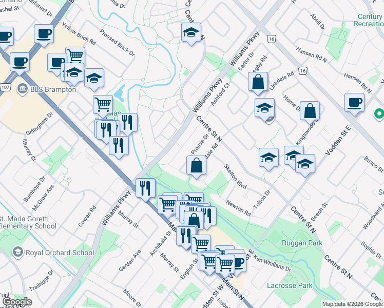 map of restaurants, bars, coffee shops, grocery stores, and more near Prouse Drive in Brampton