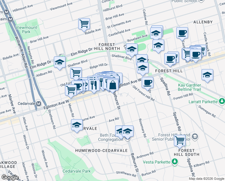 map of restaurants, bars, coffee shops, grocery stores, and more near 2020 Bathurst Street in Toronto