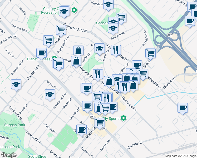 map of restaurants, bars, coffee shops, grocery stores, and more near 1 Mordon Court in Brampton