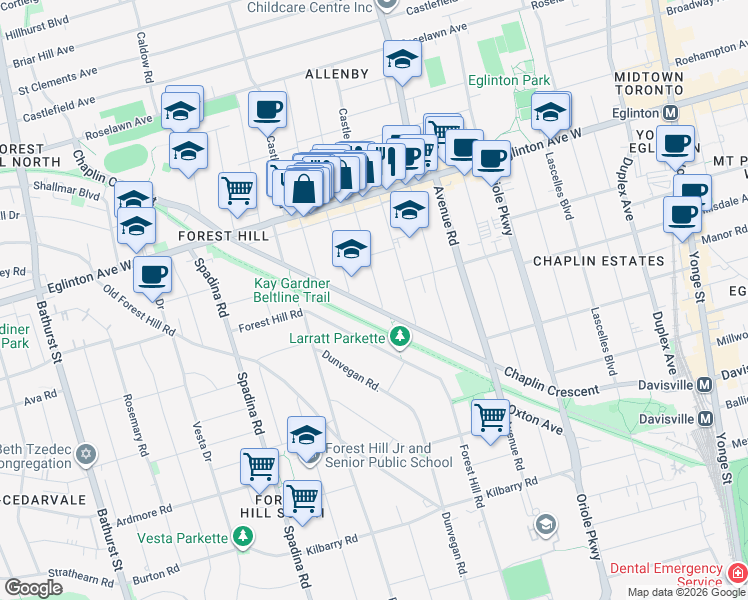 map of restaurants, bars, coffee shops, grocery stores, and more near 16 Duncannon Drive in Toronto