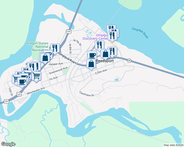 map of restaurants, bars, coffee shops, grocery stores, and more near 125 North 6th Street in Winchester Bay