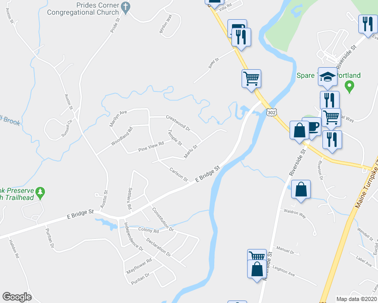 map of restaurants, bars, coffee shops, grocery stores, and more near 56 Marlu Street in Westbrook