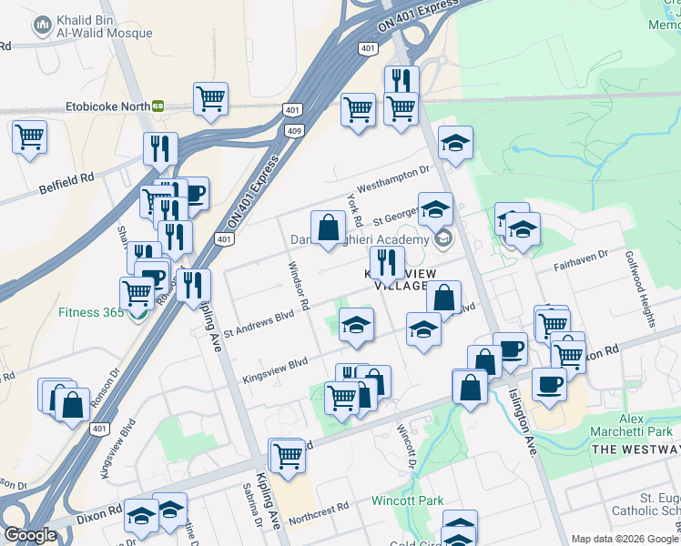 map of restaurants, bars, coffee shops, grocery stores, and more near 19 Hamer Boulevard in Toronto