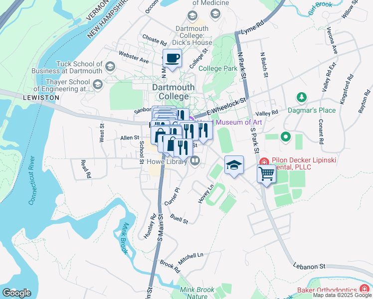 map of restaurants, bars, coffee shops, grocery stores, and more near 7 Lebanon Street in Hanover