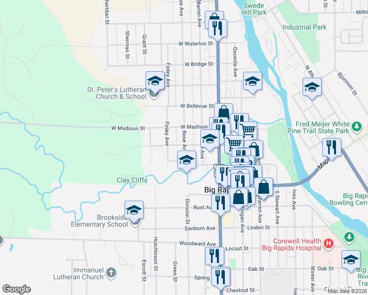 map of restaurants, bars, coffee shops, grocery stores, and more near 211 Rose Avenue in Big Rapids