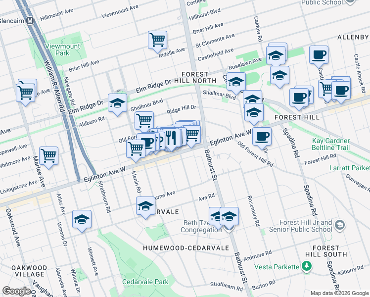 map of restaurants, bars, coffee shops, grocery stores, and more near 894 Eglinton Avenue West in Toronto