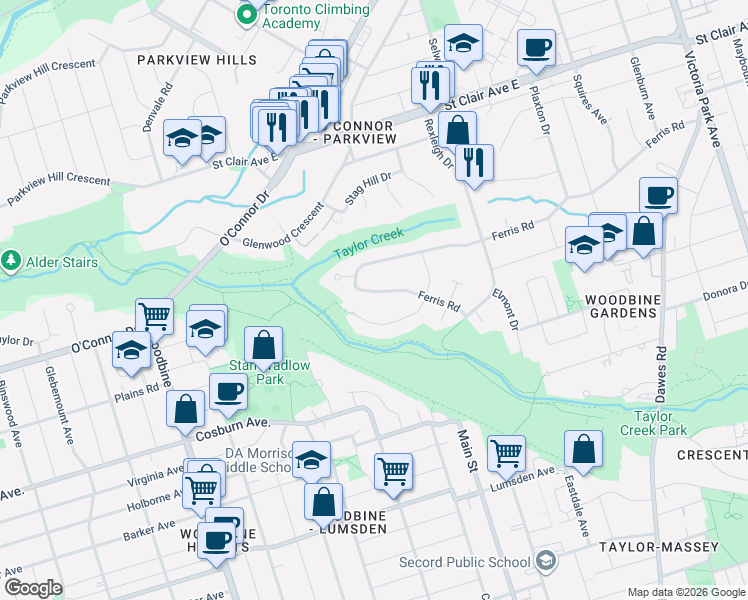 map of restaurants, bars, coffee shops, grocery stores, and more near 43 Ferris Road in Toronto