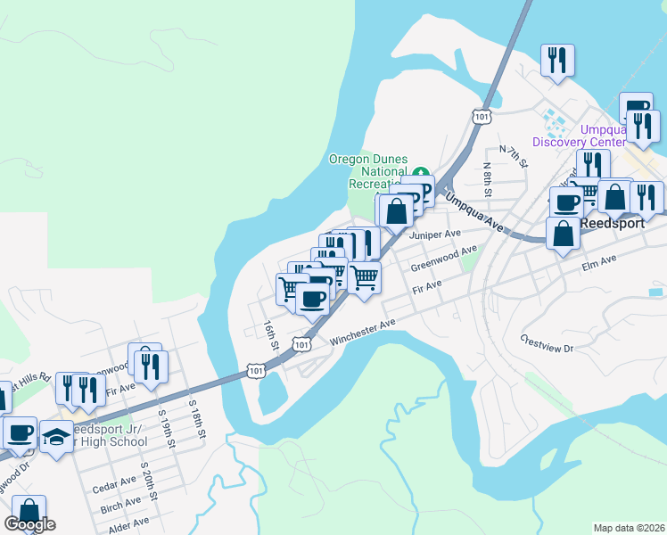 map of restaurants, bars, coffee shops, grocery stores, and more near 435 North 13th Street in Reedsport