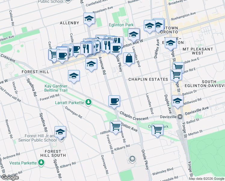 map of restaurants, bars, coffee shops, grocery stores, and more near 905 Avenue Road in Toronto