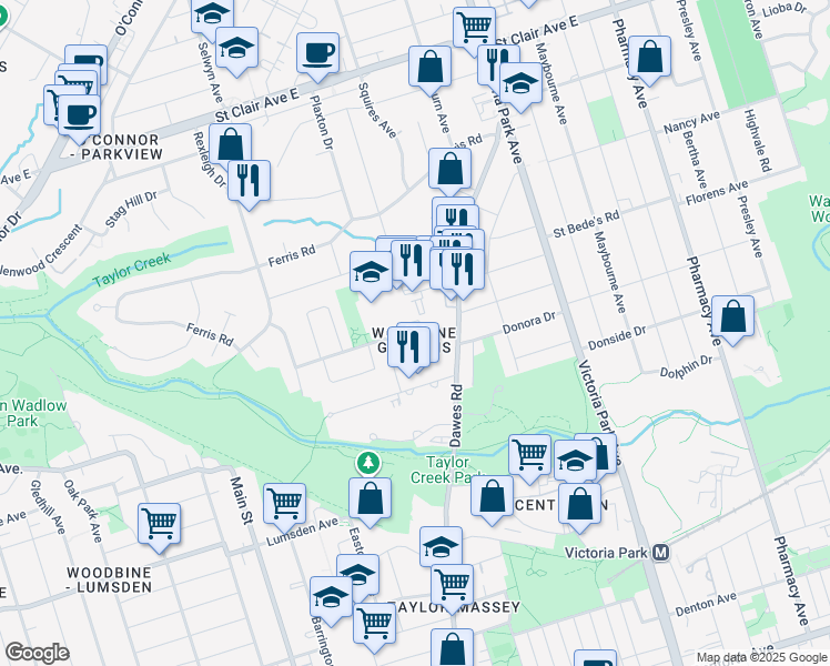 map of restaurants, bars, coffee shops, grocery stores, and more near 63 Chapman Avenue in Toronto