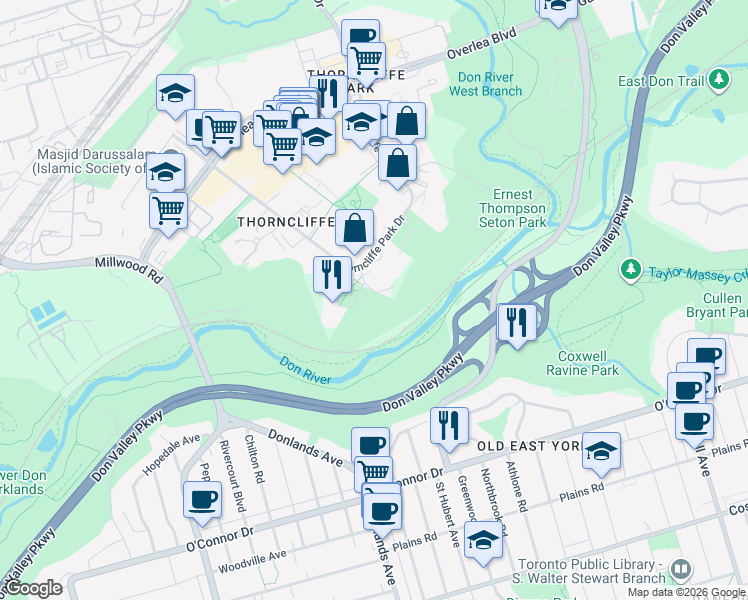 map of restaurants, bars, coffee shops, grocery stores, and more near 47 Thorncliffe Park Drive in Toronto