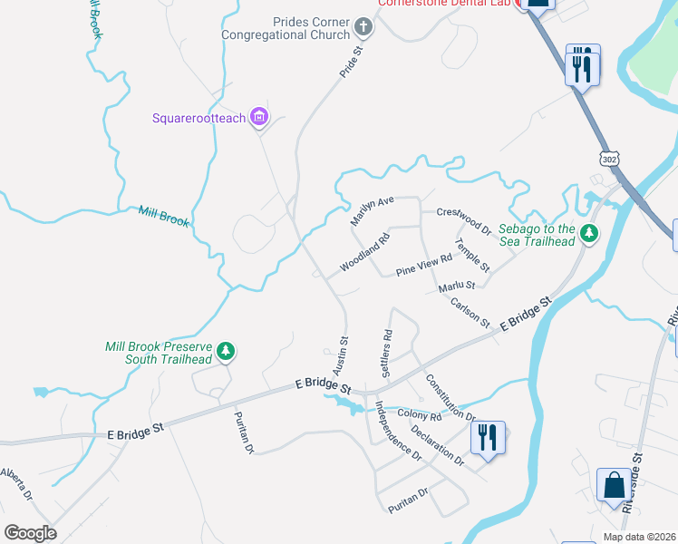 map of restaurants, bars, coffee shops, grocery stores, and more near 151 Austin Street in Westbrook