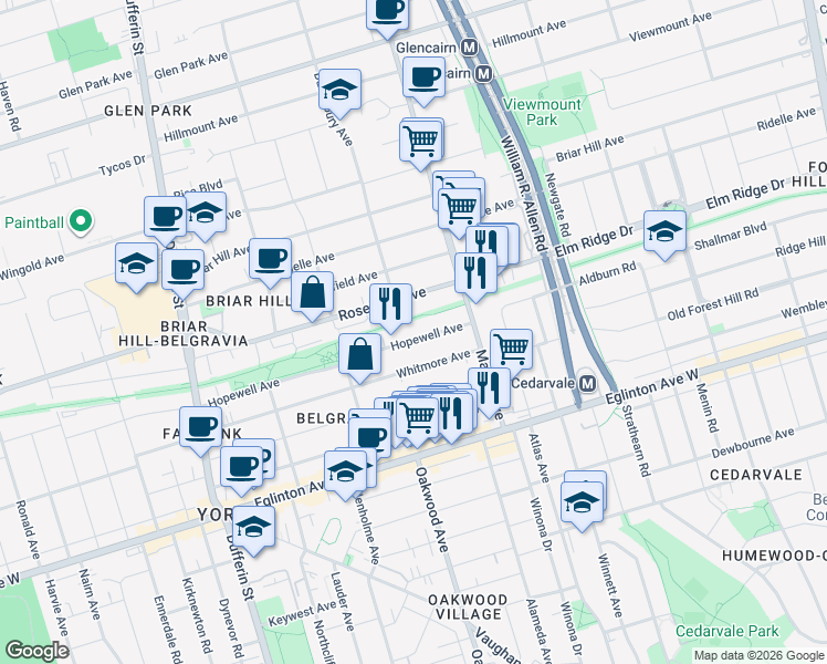 map of restaurants, bars, coffee shops, grocery stores, and more near in Toronto