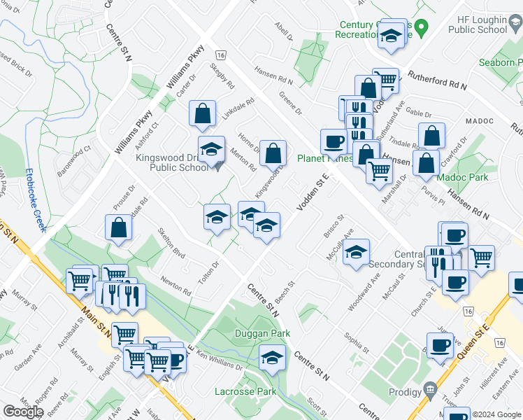 map of restaurants, bars, coffee shops, grocery stores, and more near in Brampton