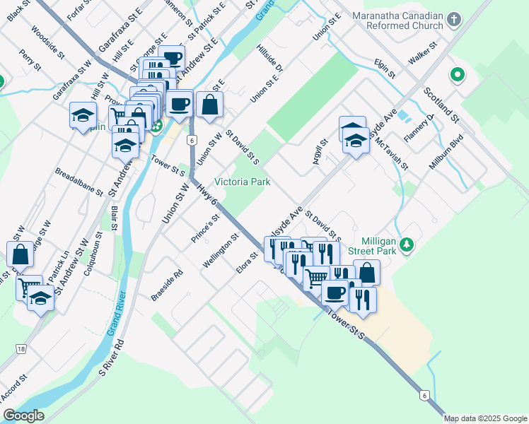 map of restaurants, bars, coffee shops, grocery stores, and more near 680 Tower Street South in Fergus