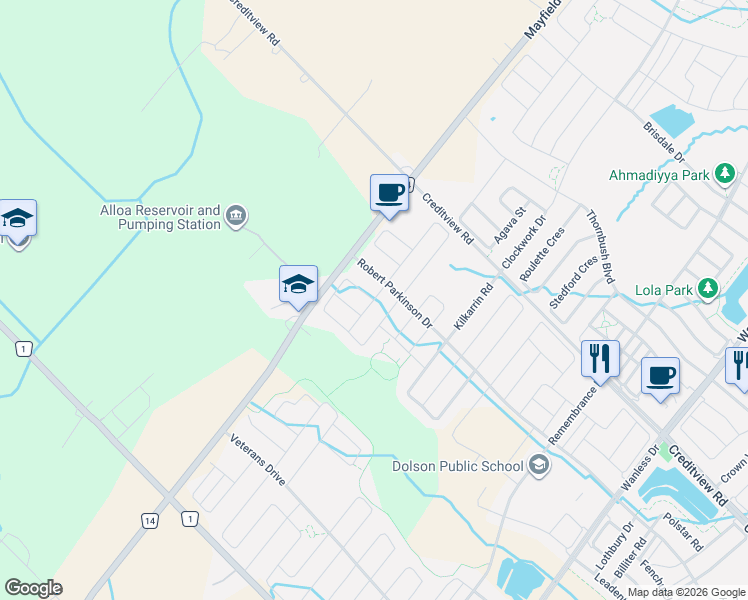 map of restaurants, bars, coffee shops, grocery stores, and more near Truro Circle in Brampton