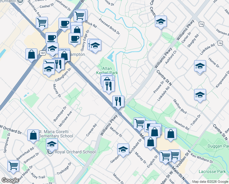 map of restaurants, bars, coffee shops, grocery stores, and more near 100 Brickyard Way in Brampton