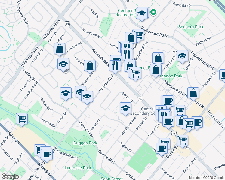 map of restaurants, bars, coffee shops, grocery stores, and more near 9 Cumberland Drive in Brampton