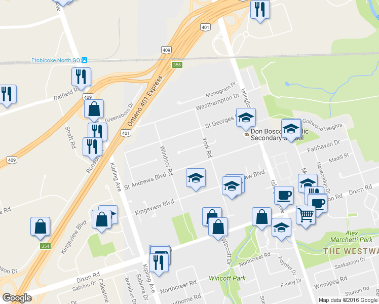 map of restaurants, bars, coffee shops, grocery stores, and more near 19 Hamer Boulevard in Toronto