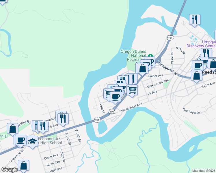 map of restaurants, bars, coffee shops, grocery stores, and more near 1413 Hawthorne Avenue in Reedsport