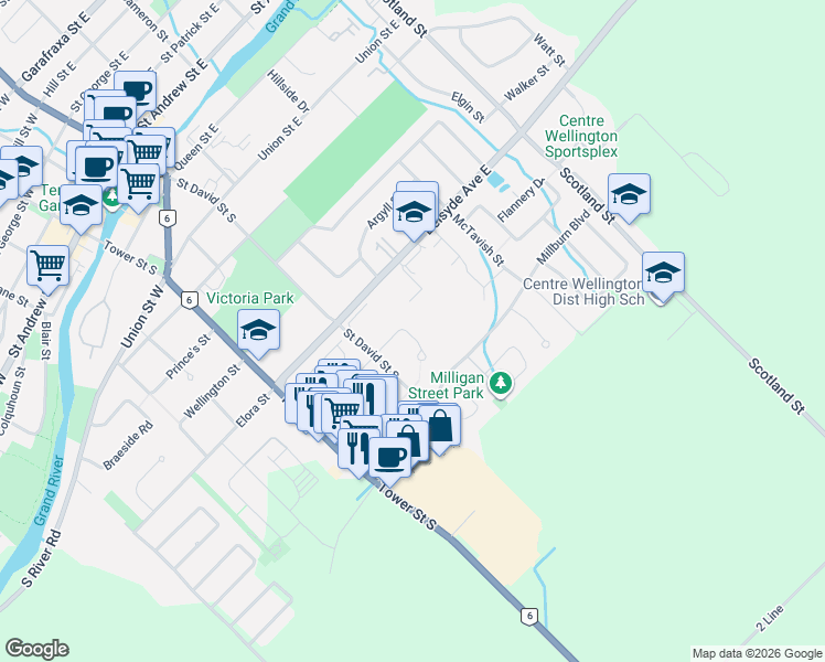 map of restaurants, bars, coffee shops, grocery stores, and more near 79 Cherry Hill Place in Fergus