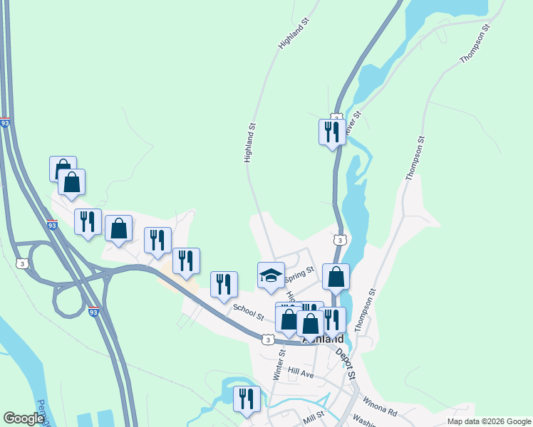 map of restaurants, bars, coffee shops, grocery stores, and more near 98 Highland Street in Ashland