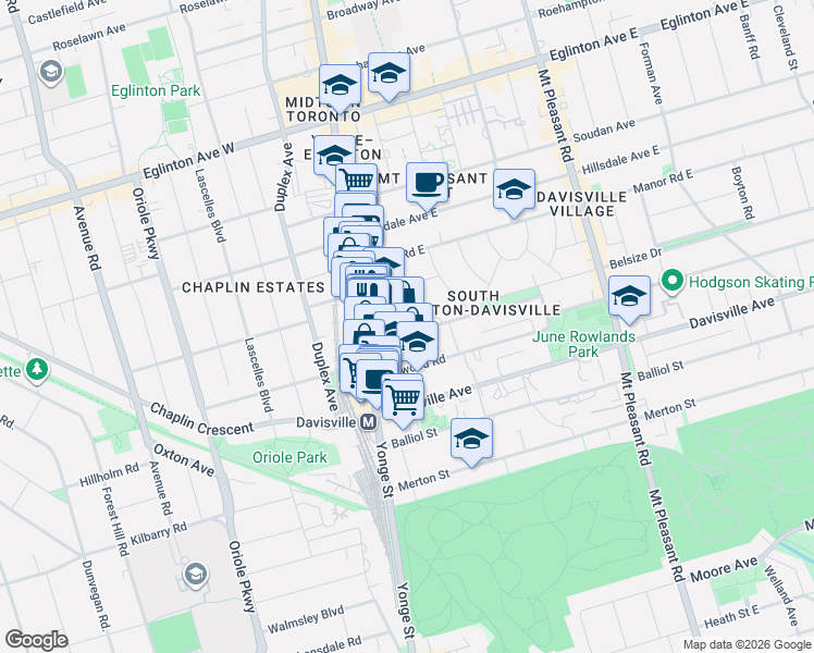 map of restaurants, bars, coffee shops, grocery stores, and more near 34 Belsize Drive in Toronto