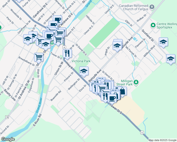 map of restaurants, bars, coffee shops, grocery stores, and more near 680 Tower Street South in Fergus
