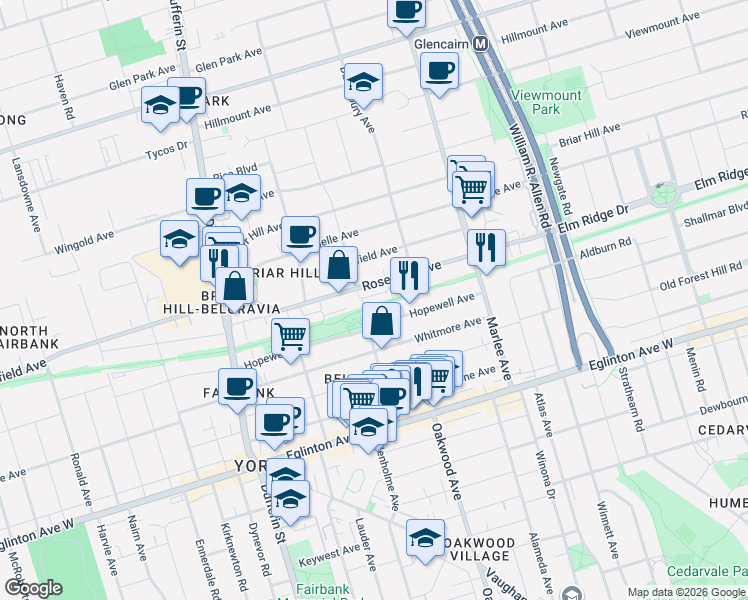 map of restaurants, bars, coffee shops, grocery stores, and more near 45 Beograd Gardens in Toronto