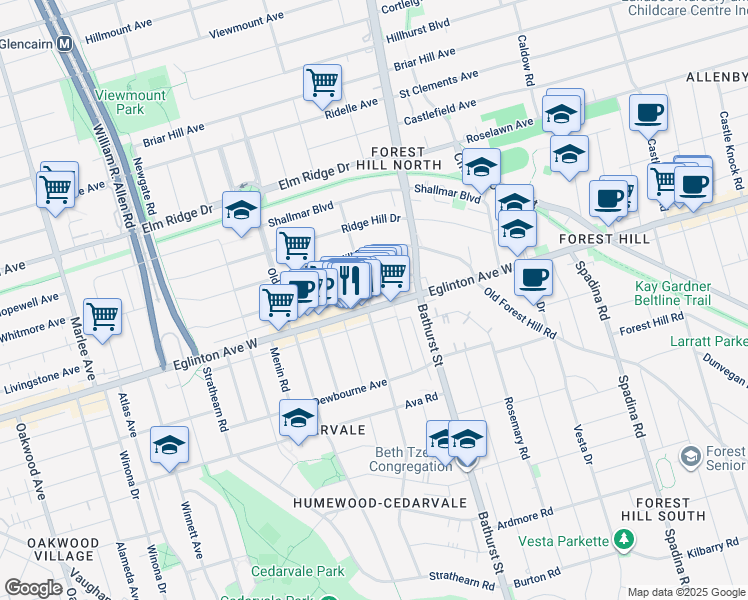 map of restaurants, bars, coffee shops, grocery stores, and more near in Toronto