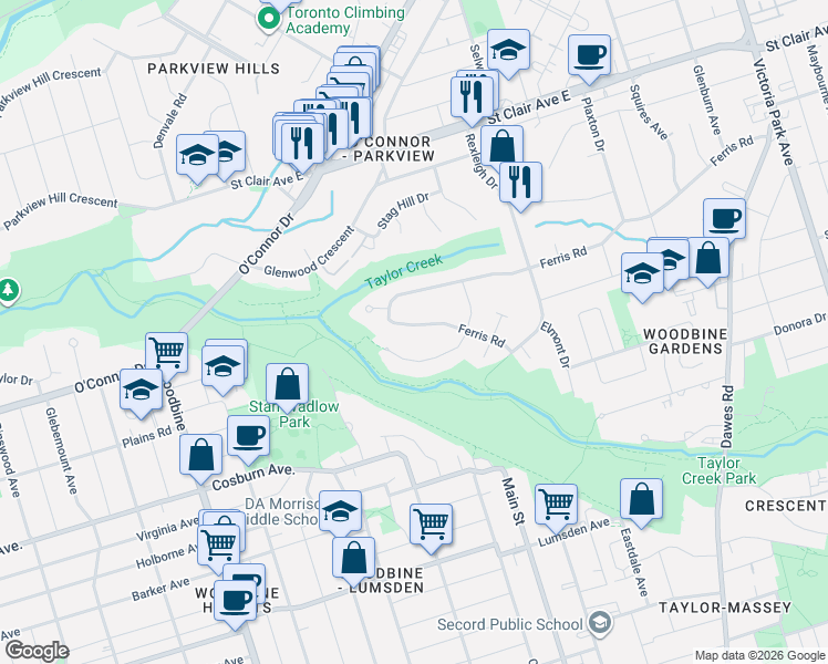 map of restaurants, bars, coffee shops, grocery stores, and more near in Toronto